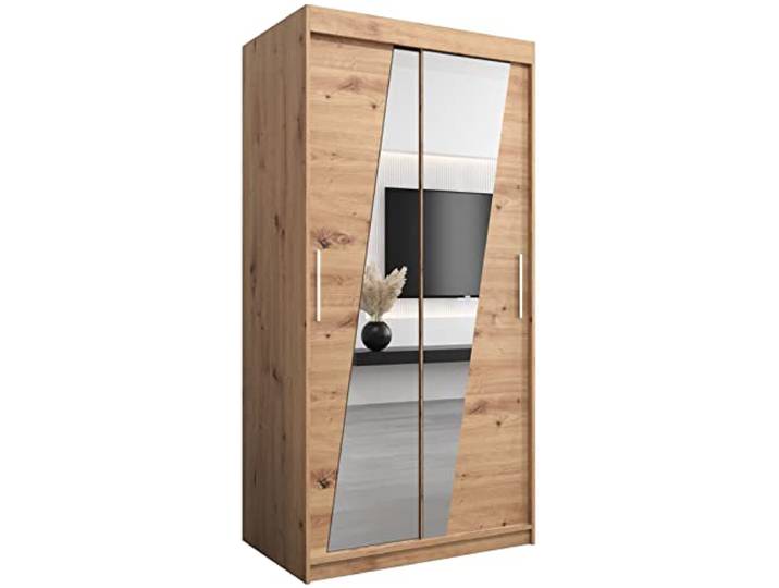 MEBLE KRYSPOL Rhomb100 Schlafzimmerschrank mit Zwei Schiebetüren, Spiegel, Kleiderstange und Regalen – 100x200x62cm - Artisan