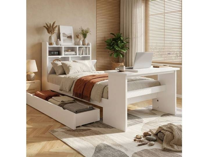 VUENOR Lit enfant 90x200 cm blanc – rangement table pliante sans matelas