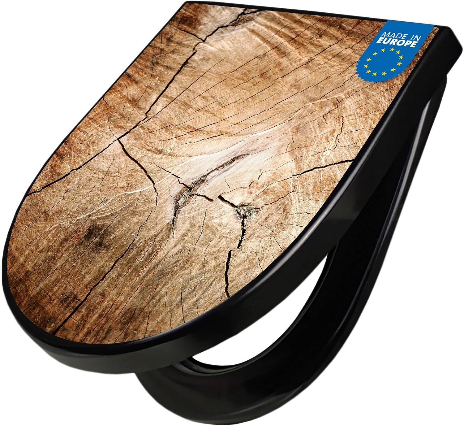 banjado WC-Sitz in D-Form mit Absenkautomatik, schwarzer Toilettendeckel mit Softclose, stabile Klobrille mit Motiv getrocknetes Holz