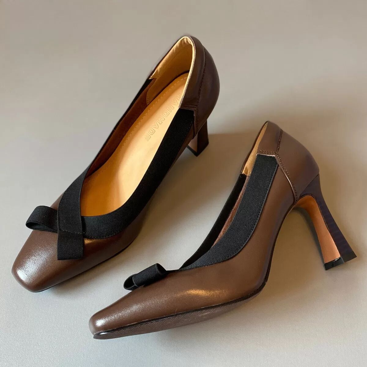 INF Retro-Stil 8cm High Heel Schuhe - Bowknot Square Toe Weiche Lederpumps Braun 39