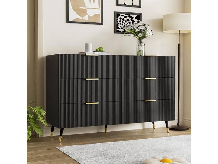 Buffet Salon Elégant Commode avec 6 Tiroirs Meuble d'entrée Moderne Poignées dorées Noir 120x40x77cm
