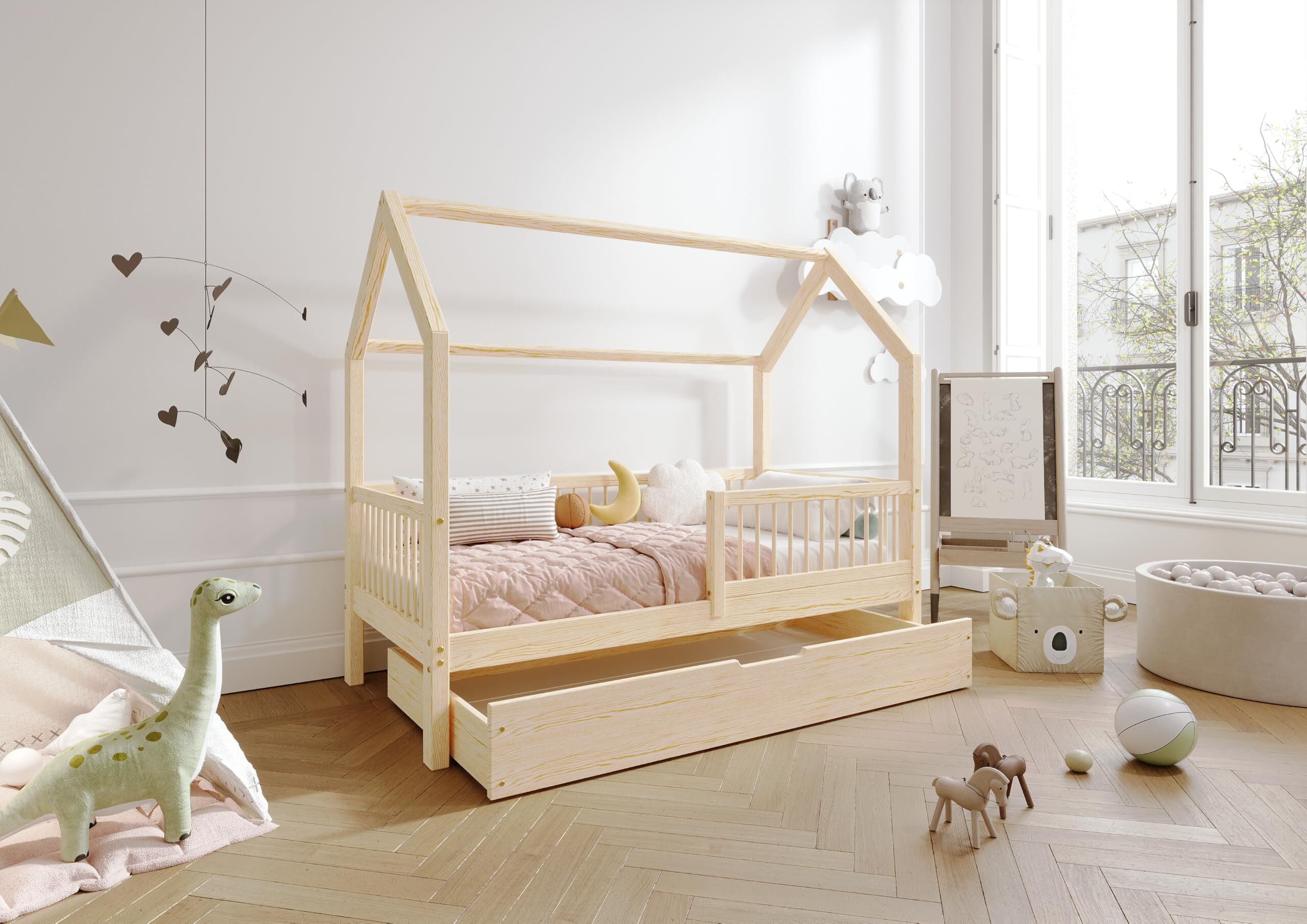 TIMBEE ZOJA Box Hausbett Kinderbett Holz Bett mit Schublade - Unlackiert - 70x140cm