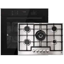 Böhme Herdset mit Einbaubackofen Schwarz Glas mit Heißluft, Timer, 1-fach Teleskopauszug HB60F78PPB + Gasline GAG75INX Gaskochfeld 75cm