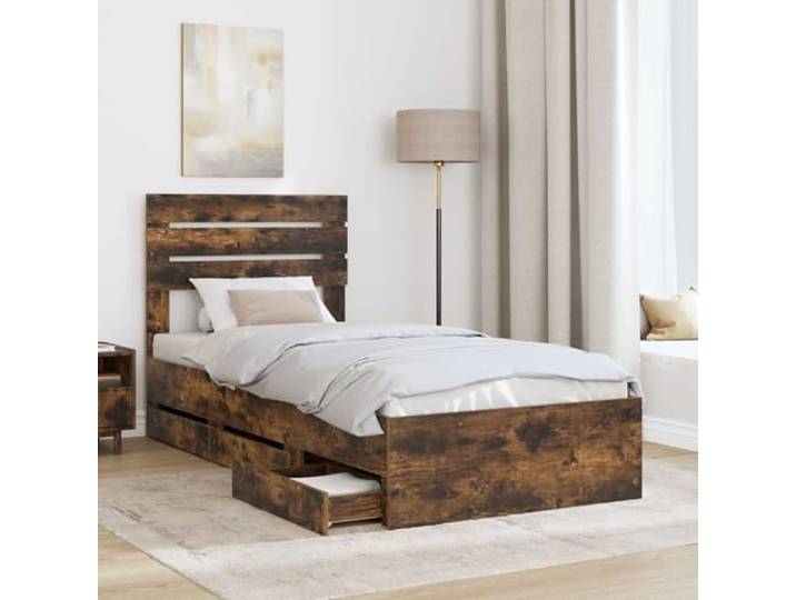 KTHLBRH Bettgestell Eiche Rauchgrau 90 x 200 cm Technisches Holz, 6 versteckte Schubladen, feste Latten, selbsttragend