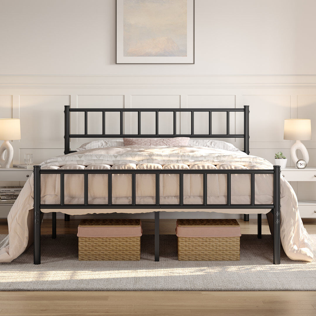 Yaheetech Minimalist Metal Bed Frame with Slatted Headboard Black Kingsize (5')