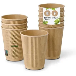 BIOZOYG 500 Stück Riffelbecher 300 ml / 12 oz Kaffee To Go Pappbecher, ungebleicht braun, Einwegbecher, Nachhaltig, Biologisch Abbaubar, Einwegbecher