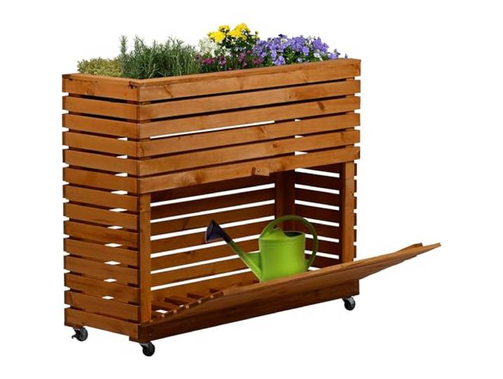 dobar® Großes Hochbeet Rolla aus Massivholz Gr. XL mit Rollen - Erhöhtes Beet mit Staufach - 72 x 32,5 x 78 cm - Braun