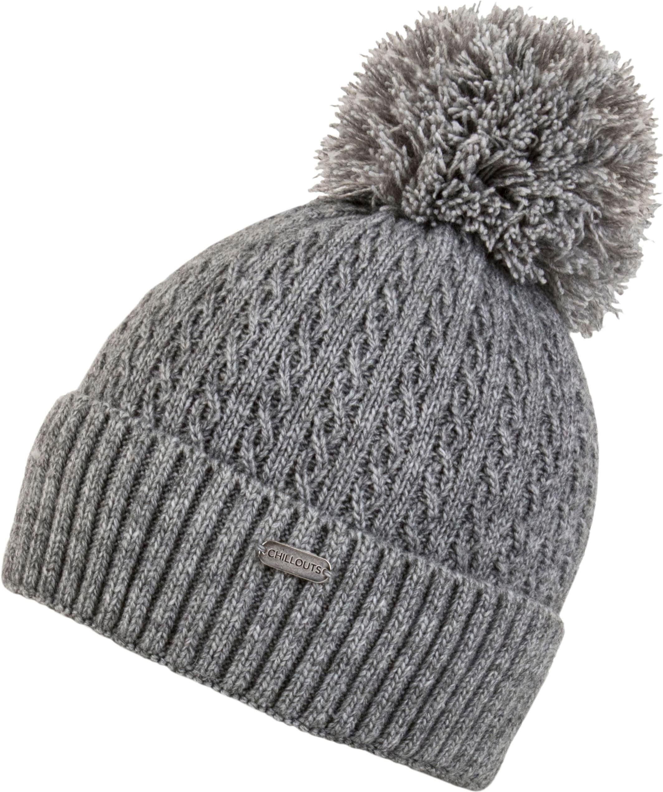 Bommelmütze CHILLOUTS "Estephania Hat", Damen, grau, Feinstrick, Kunstfaser, Zopfmuster, meliert, Mützen Bommelmütze, mit weichem Fleecefutter grau Einheitsgröße