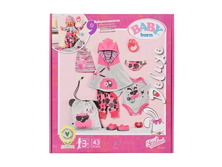 BABY born Erstausstattung, 9 teiliges Bekleidungsset mit Zubehör und Kleidung in Grau Rosa für 43 cm Puppen, 832561 Zapf Creation