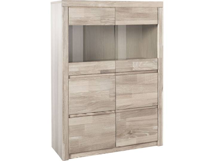 Highboard, Holz Teilmassiv, Eiche Weiß Gekalkt, 90×125×35 cm, Grifflose Optik, Klassisch, Home Affaire