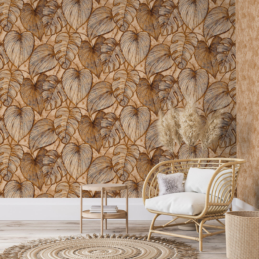 Marlow Home Co. Thaler Large Shimmery Monstera Leaf 8.5m x 70cm Wallpaper Roll Orange/Bronze