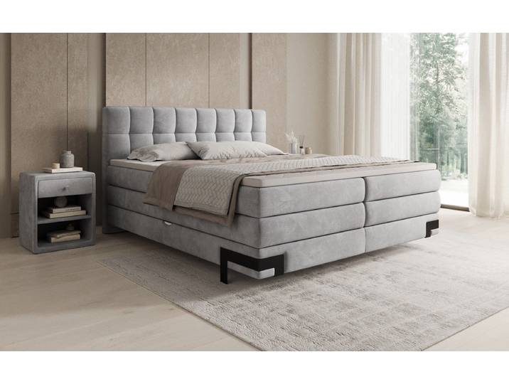 Boxspringbett Isabell mit Stauraum in Samt - Hellgrau - 140x200 - H2 (bis 70kg) - Luxusbetten24