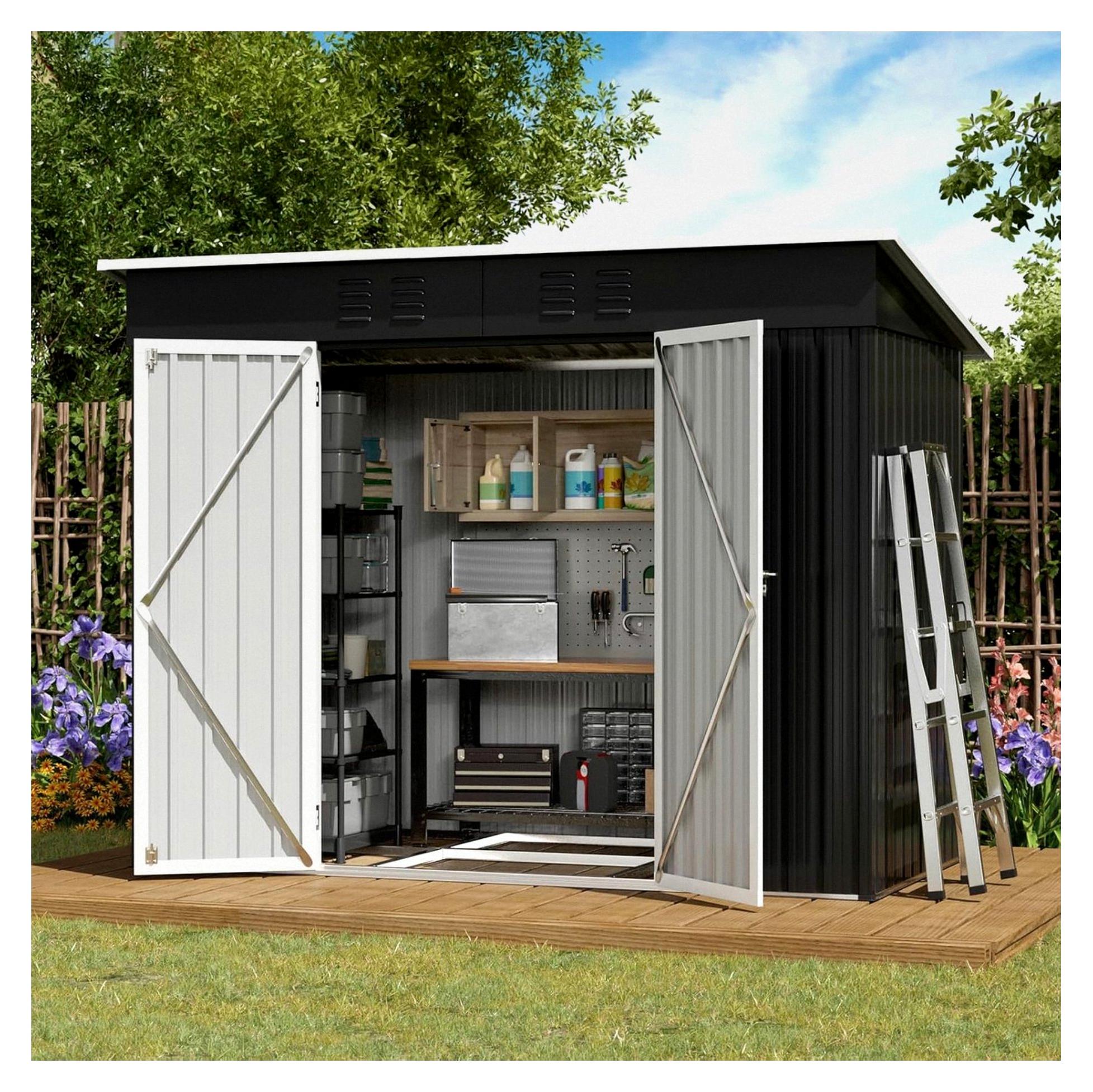 Gartenhaus mit Pultdach, Geräteschuppen 228x109x182 cm (BxTxH), Metall-Gartenhaus mit Tür, verzinkter Metall-Schuppen mit Fundamentrahmen, Schwarz