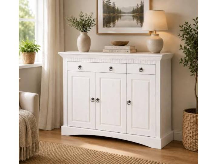 clever-moebel 3trg. Kommode im Landhausstil aus Kiefernholz gelaugt, weiß Schrank, Sideboard