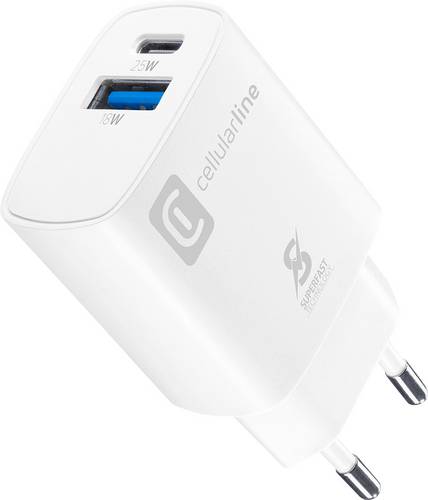 Cellularline USB Ladegerät 25W USB-A, USB-C USB PD Weiß Steckdose Schnellladegerät, USB Power Delivery (USB-PD)
