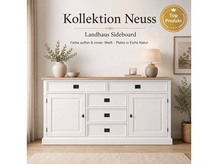 Wohnpalast Sideboard Sideboard Neuss weiss /eiche 180 cm mit Schiebetüren im Landhaus Stil