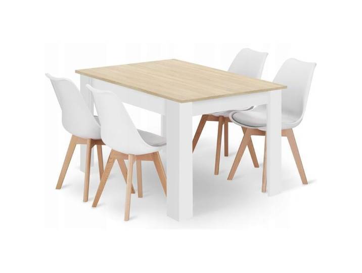 Ensemble table rectangulaire 120 × 80 cm chêne Sonoma + 4 chaises MARK blanches.