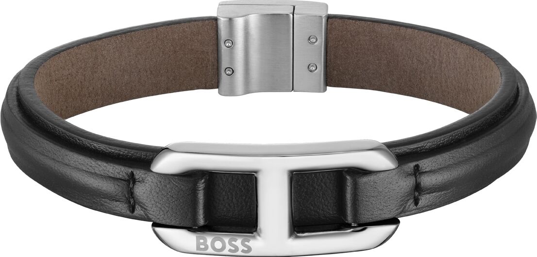 Lederarmband BOSS "KODE", edelstahlfarben, schwarz, Armbänder, 19cm, Edelstahl Leder, Edelstahl, Leder, Lederarmband