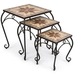 3er Set Hocker Beistelltische Garten schwarz bunt Keramik Stahl Mosaik Blumen