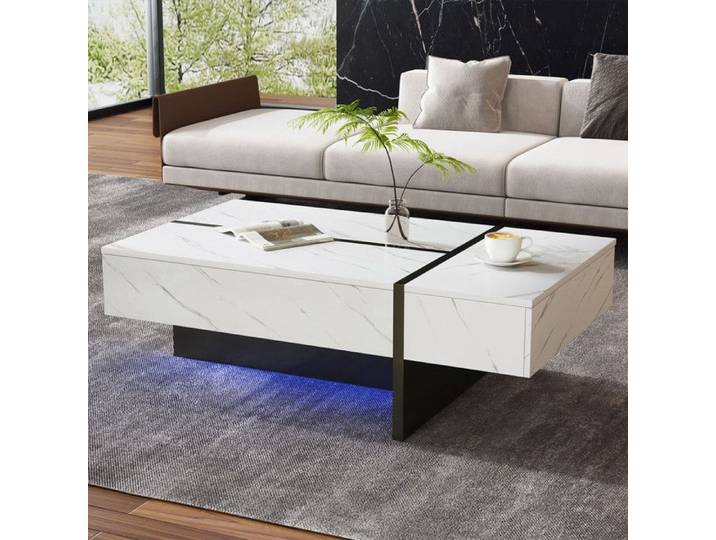 Table Basse Blanche Moderne avec Éclairage LED Coffee Table Motif en Marbre Table Basse Design Irrégulier pour Salon