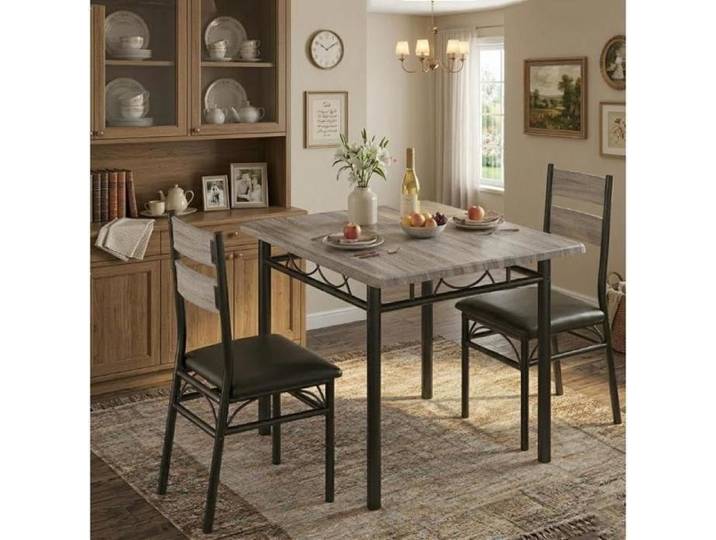 Ensemble gris 3 pièces table carrée 2 chaises dossier haut métal appartement