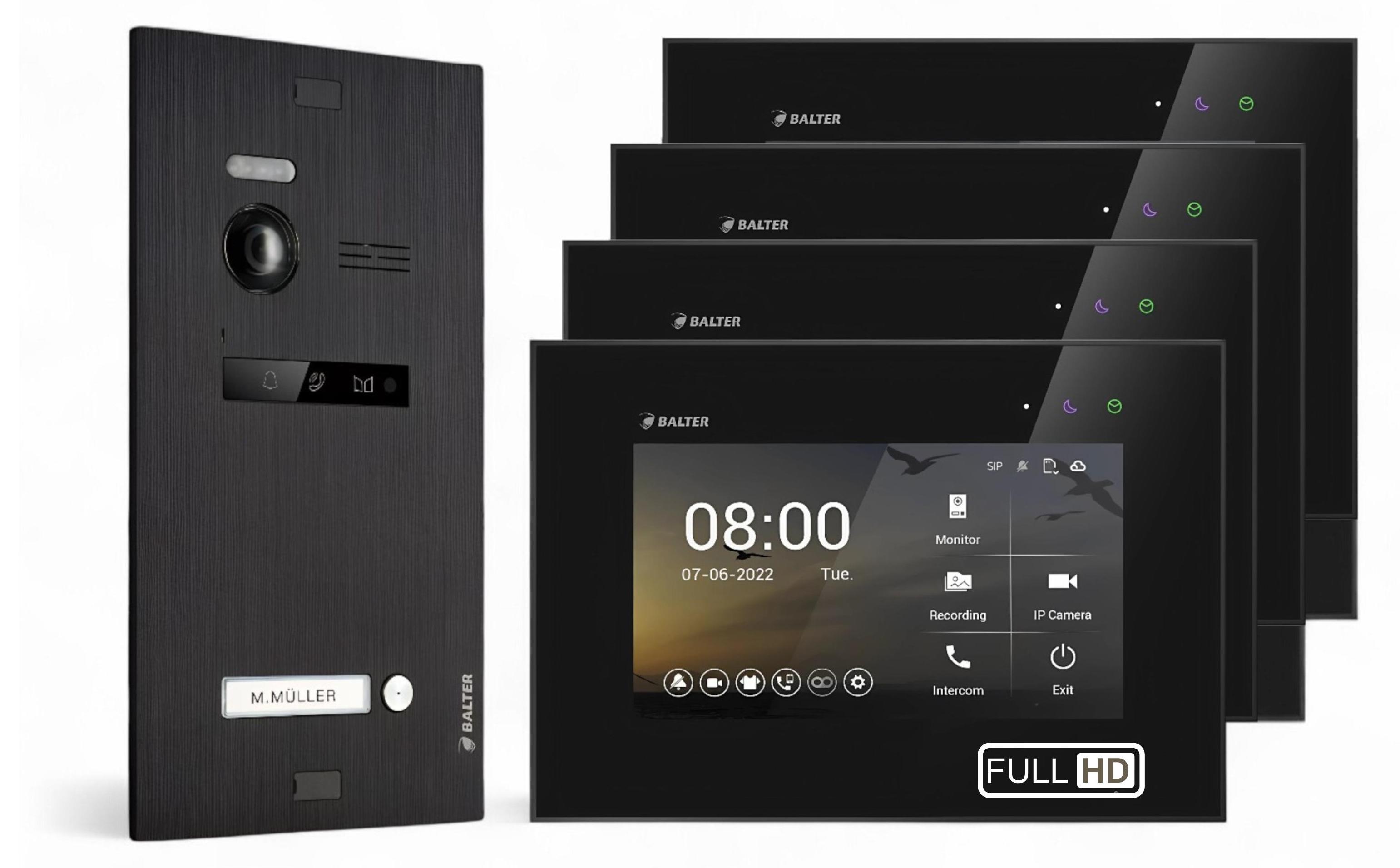 BALTER EVO HD Schwarz Video Türsprechanlage Set 1 Teilnehmer 4x7" Monitor Schwarz
