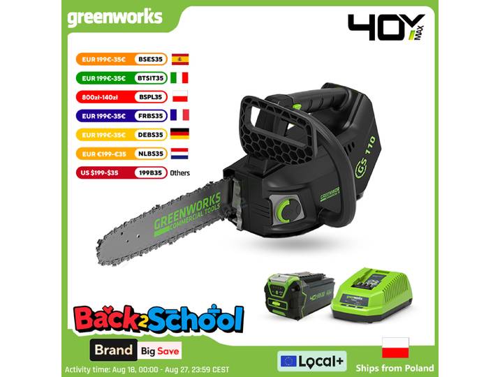 Greenworks 40v poignée supérieure tronçonneuse arboriste moteur sans brosse 10 pouces barre 15 m/s professionnel une main utiliser scie de jardin GS110
