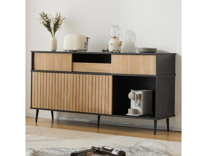 Buffet 4 Portes Coulissantes-1 Tiroir-Chêne Noir-160x40x80cm-Rangement Élégant-Salle à Manger Moderne