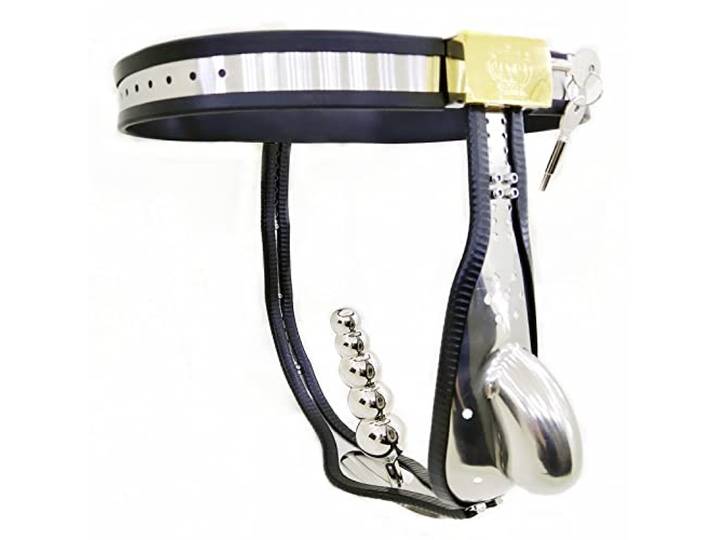 60~150cm Keuschheitsgürtel Mann, SM Bondage Fetisch BDSM Spielzeug Edelstahl Keuschheitskäfig Herren, Chastity Cage Male Mit Abnehmbar Analplug, Cock Cage Sex Toyset Herren,90~110cm,Black