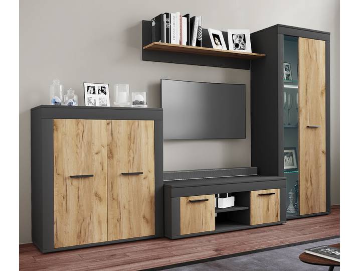 Wohnwand Usilo 4-teilig Spanplatte, beschichtet Grau/Anthrazit/Eiche Dekor 242cm