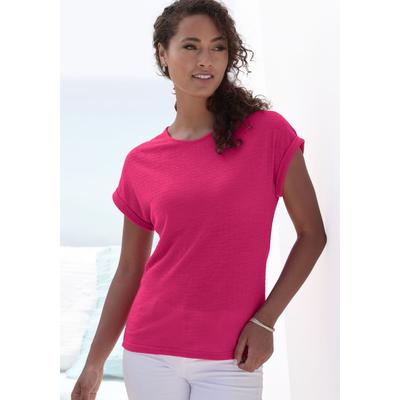 T-Shirt VIVANCE "mit modischer Struktur", Damen, Gr. 36/38, orange (koralle, creme), Strick, Obermaterial: 65% Polyester (REPREVE), 35% Baumwolle, Strukturmuster, unifarben, Basic, bequem, Rundhals, mit Aufschlag Aufschlag, Shirts T-Shirt, aus...