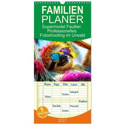Familienplaner 2027 - Supermodel Faultier. Professionelles Fotoshooting im Urwald mit 5 Spalten (Wandkalender, 21 x 45 cm) CALVENDO