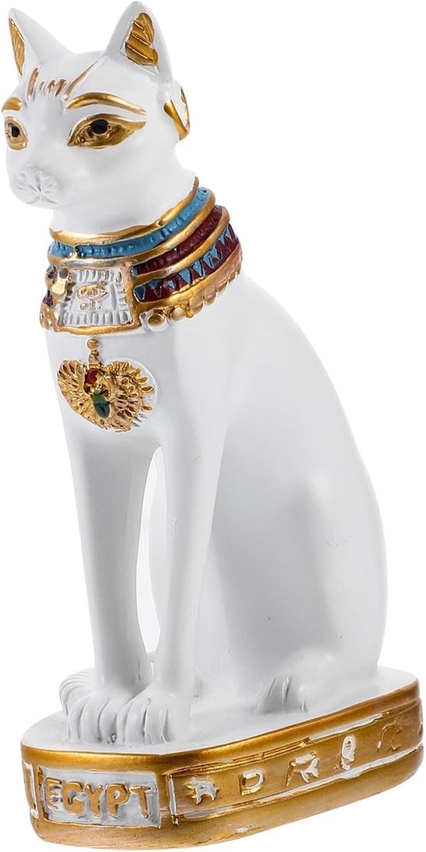 Wit Katten Ornament - Hars Beeldje met Chic Egyptisch Design - B: 9,5 cm, D: 5,5 cm