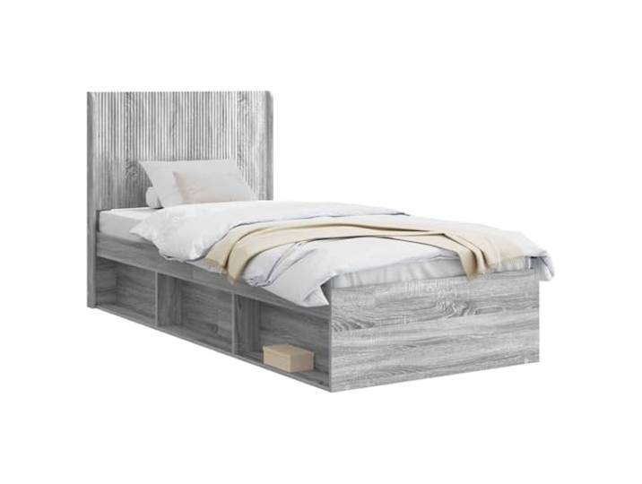 PUGYNBK Bettgestell mit Aufbewahrung, Kopfteil Sonoma Grau Lattenrost, robustes Holz, minimalistisches Design, seitliche Fächer