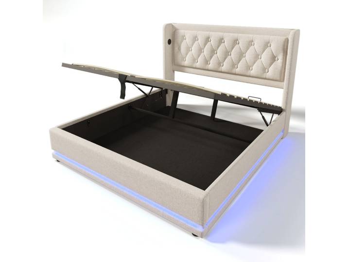Lit tapissier double en coton beige 180x200cm