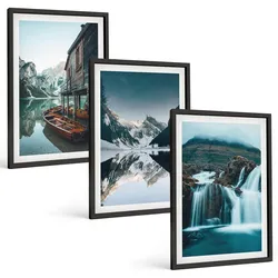 BILDER SET 3er Set - 40x60 cm Schwarzer Rahmen - Berglandschaften Wasserfall See