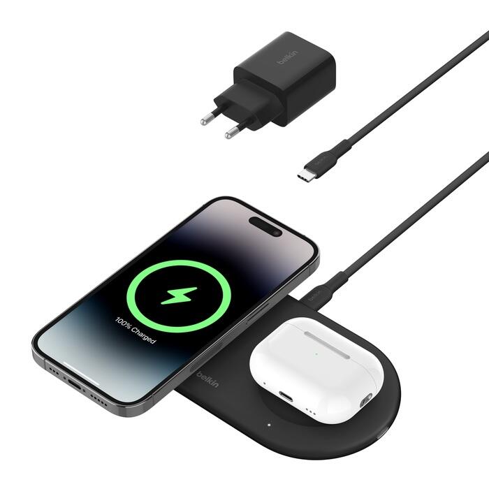 Belkin BoostCharge Pro 15 W kabellose magnetische 2-in-1-Ladestation mit Qi2, schwarz WIZ021VFBK