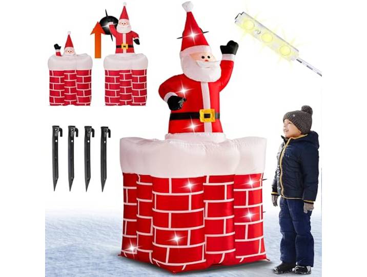 Monzana Opblaasbare Kerstman 152cm Springt uit de Schoorsteen LED Verlicht IP44 Buiten Kerst Kerstfiguur Kerstverlichting