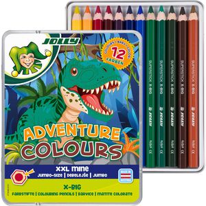 Jolly Buntstifte X-BIG Adventure Colours, 3099-0151, farbig sortiert, im Metalletui, inkl. Sticker, 12 Stück