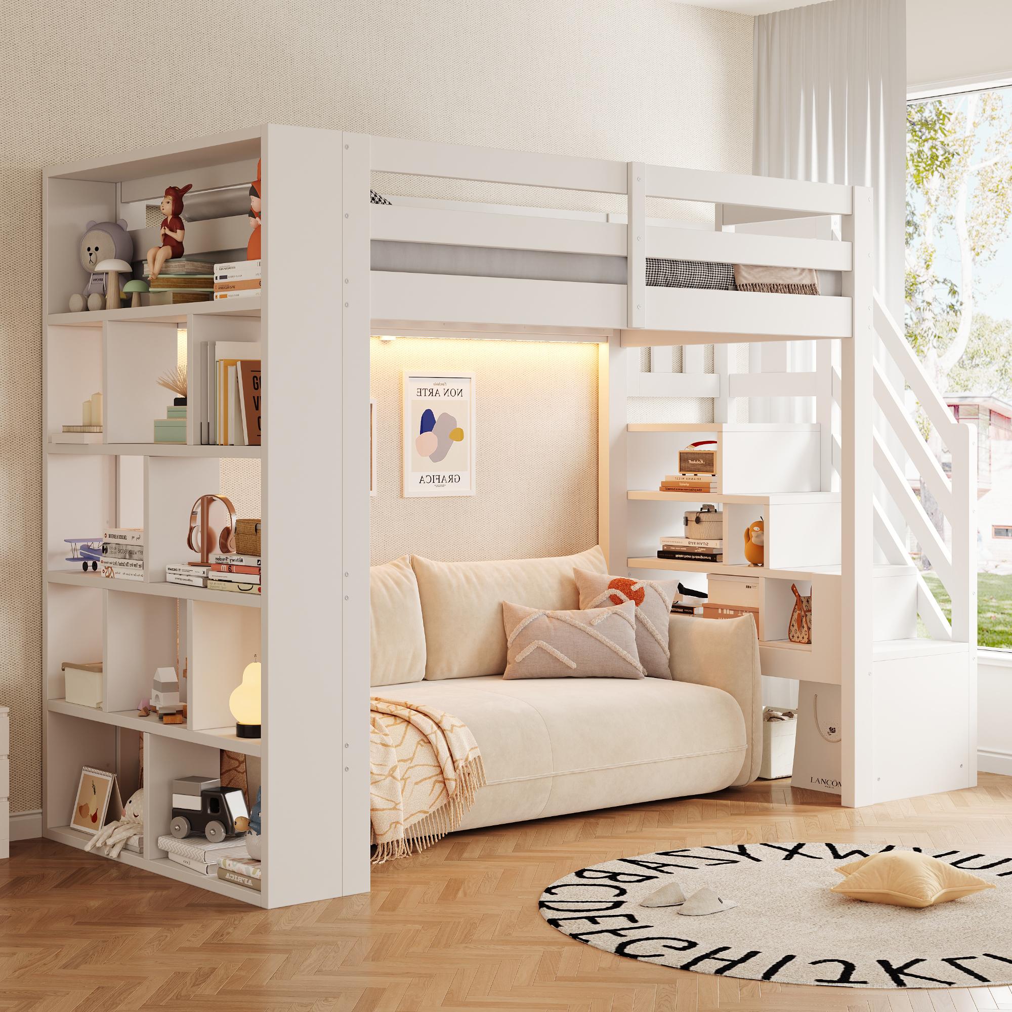 Flieks Etagenbett 90x200 cm mit Treppe, Doppelstockbett mit Ablagebrettern und Sicherheitsgeländer, Hochbett mit LED-Lichte, Weiß, Holz