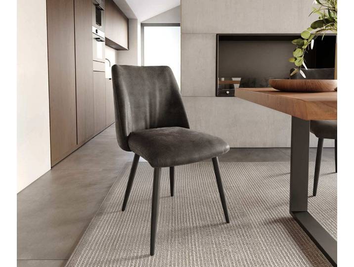 Chaise de salle à manger Elso Flex microvelours anthracite vintage 4 pieds coniques noir ressorts ensachés
