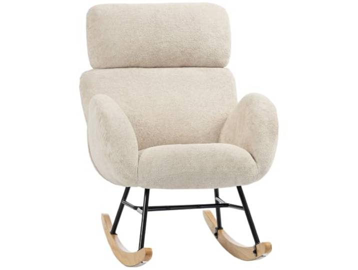 HOMCOM Schaukelstuhl mit Verstellbarer Kopfstütze, Cremeweiß Schaukelsessel, Sessel Relaxsessel mit Samtnoptik mit Struktur, HolzbeineSchwingsessel, Lesesessel für Wohnzimmer