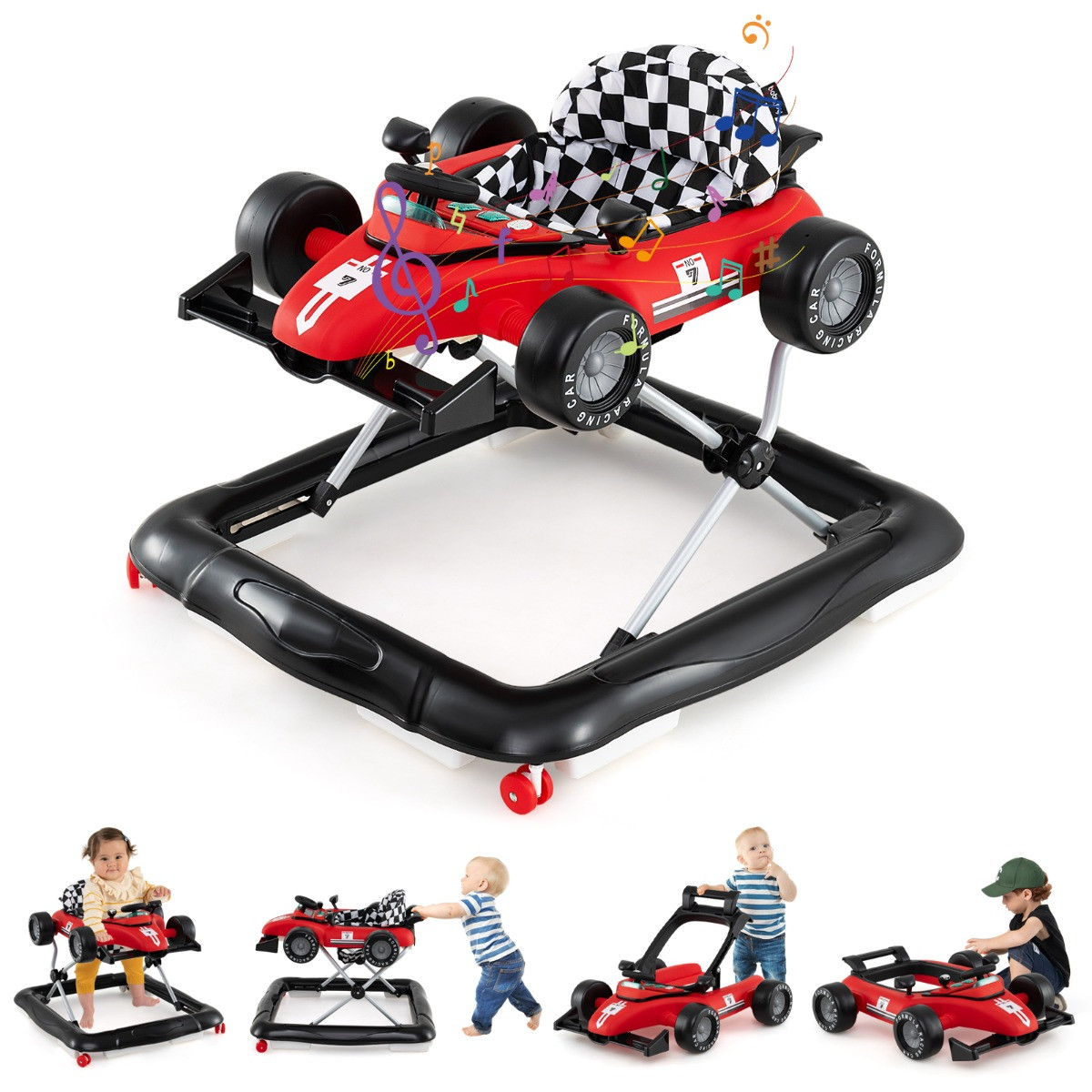 Costway 4-in-1 Loopwagen Autovormig met Stuur en Muziekdoos, Inklapbaar en Instelbare Hoogte, Rood