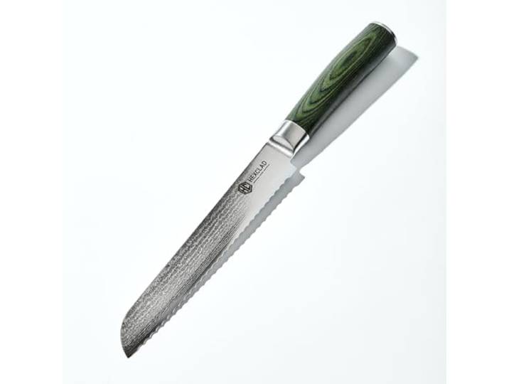 HexClad Brotmesser 20 cm – japanische Damastklinge, Full Tang Rostfreier Damaststahl, Full-Tang-Konstruktion, Griff aus Pakkaholz, extra scharf für Brot & Gebäck