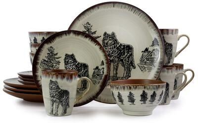 Elama Majestic Wolf 16 Piece Round Stoneware Dinnerware Set in Taupe