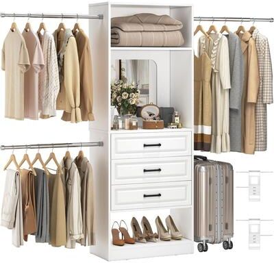 Rackcog "New Style 48""-96"" Wide Closet System with Mirror, Sturdy Walk-in Closet Organizer with Drawers and 3 Extendable Hanging Rods"