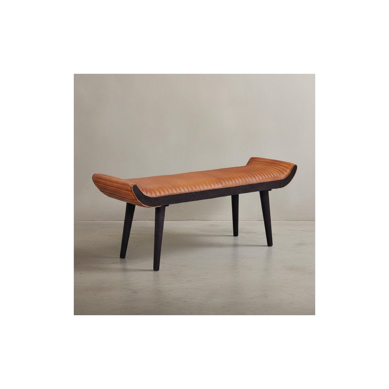 KADIMA DESIGN Moderne Ledersitzbank, Nietenrand und Massivholzbeine, Echtleder, 125x51x38 cm.