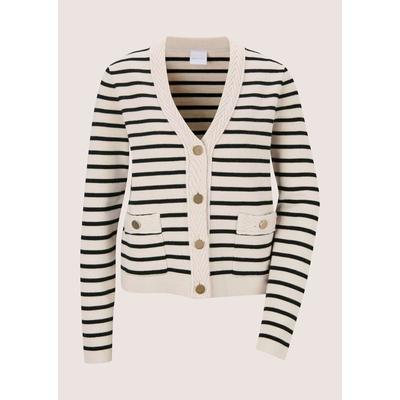 Strickjacke MADELEINE "Strickjacke Streifen-Cardigan mit Schmuckknöpfen", Damen, Gr. 40/42, perlweiß, schwarz, Modern, regular fit, Strickjacken Strickjacke