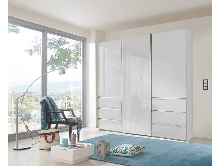 Schwebetürenschrank Glastür 246 x 236cm Weiß/Weiß