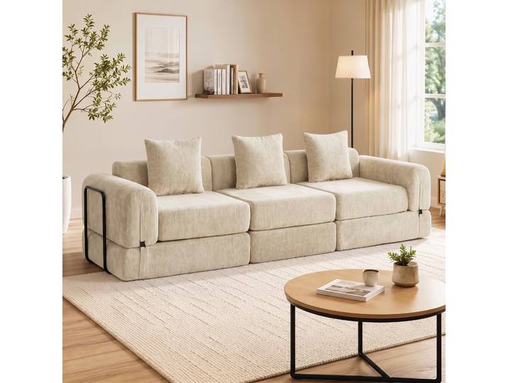 HOMCOM Canapé-Lit 3 Places Modulaire Chenille 245cm Beige